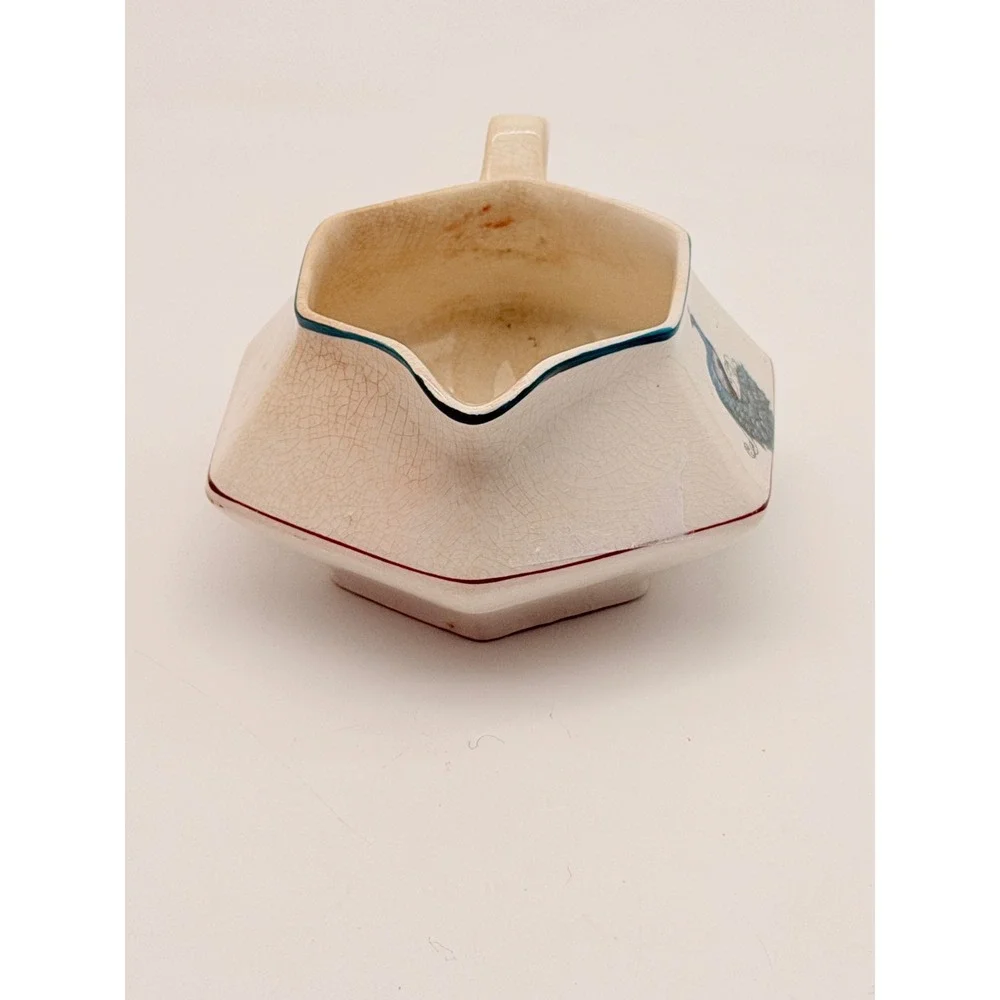 Vintage Hexagonal Peacock Ceramic Creamer Pitcher Cream Blue Art Deco 5117X